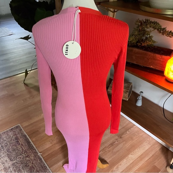 STAUD Shoko Colorblock Bodycon Sweater Dress in Lava & Peony - Picture 8 of 12